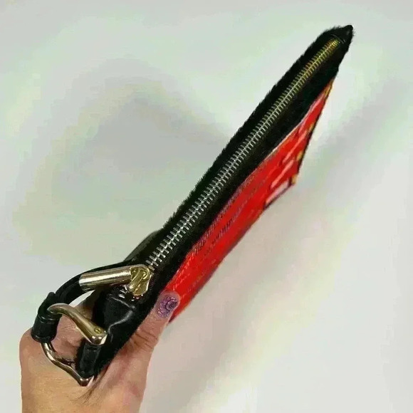 SOUTHWESTERN Black Faux Fur Cow Red Print Pattern Zip Top Pouch Organizer Purse - Picture 7 of 10